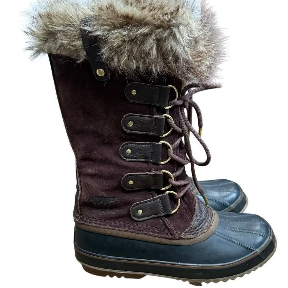 Sorel Waterproof Fur Trim Knee High Snow Boots Brown US 9